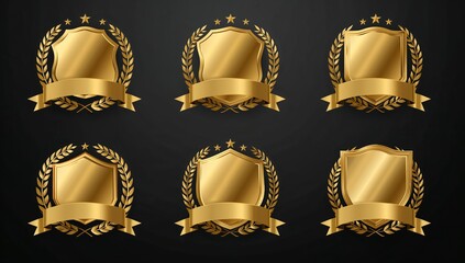 Set of six elegant golden shield badges featuring laurel wreaths and blank ribbons perfect for award certification or premium quality seals