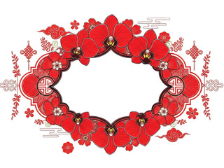 Vibrant red floral wreath with chinese symbols isolated on transparent background