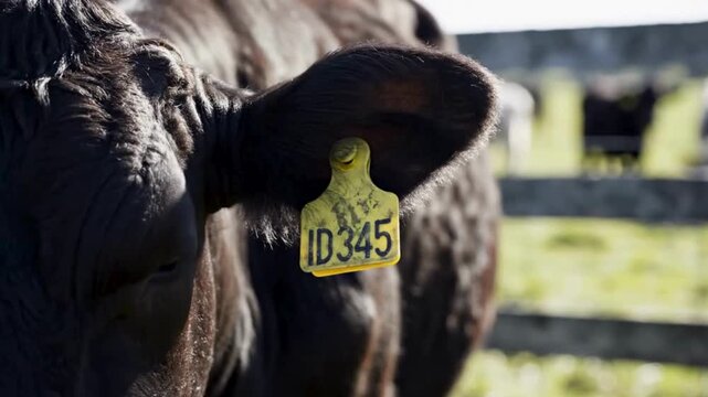Close up of a dark brown Angus cow featuring a bright yellow ear tag with identification number ID345 in a sunny pasture.