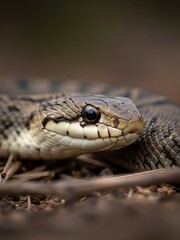 Fototapeta premium Closeup of a snakes head on the ground with sticks and leaves around it