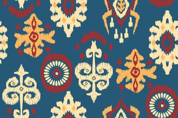 Ikat floral paisley embroidery seamless pattern on background. Ikat ethnic flower oriental pattern traditional. Aztec-style abstract vector illustration. design for ikat floral fashion fabric, cloth © supachai