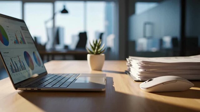 A close up view of a modern laptop displaying colorful financial charts alongside a stack of paperwork and a mouse on a sunny desk.