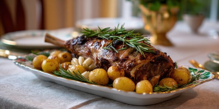elegant spring dinner, a ceramic platter topped with roasted leg of lamb and herbs, served on a set table, makes for a delightful seasonal dish