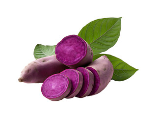 Fresh Purple Sweet Potatoes (Yams) Whole and Sliced with Leaves on transparent background