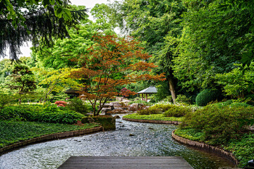 The Japanese garden in the Botanical garden in Augsburg, Germany. Lovely view on small waterfalls in japanese garden