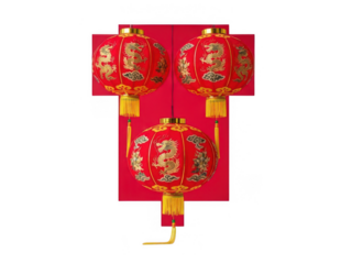 Vibrant red chinese lanterns with dragon designs isolated on transparent background