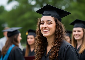 Smiling young woman wearing a graduation cap and gown celebrates academic achievement outdoors