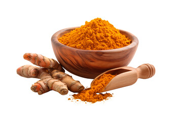 Turmeric root and vibrant yellow powder in a wooden bowl on transparent background.