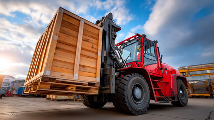 Forklift transporting wooden crate, robust red lifts large, against cloudy sky backdrop, industrial strength display, material handling moment, with copy space
