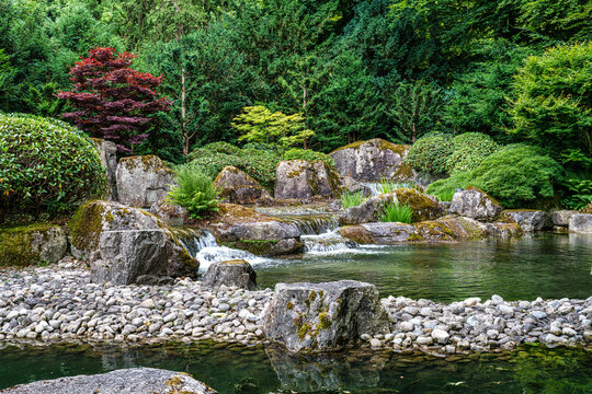 The Japanese garden in the Botanical garden in Augsburg, Germany. Lovely view on small waterfalls in japanese garden