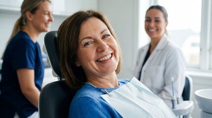 Satisfied middle-aged female patient smiles brightly while reclining in a modern dental chair with two smiling healthcare professionals standing nearby ready for treatment or checkup