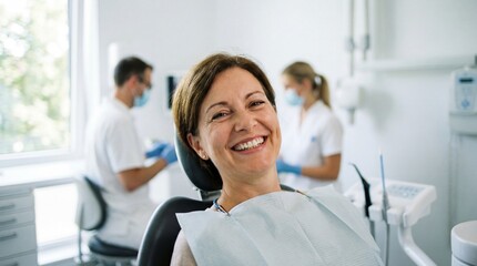 Obraz premium Satisfied middle-aged female patient relaxes in the dental chair flashing a bright, genuine smile while clinical staff works diligently in the background of a modern bright examination room setting.