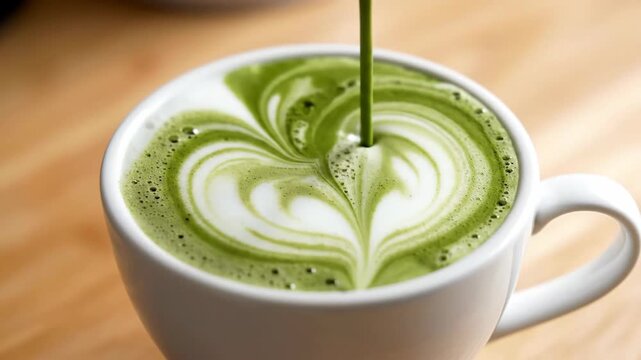 Close-up of matcha latte being poured into a white ceramic cup, creating a heart-shaped design.