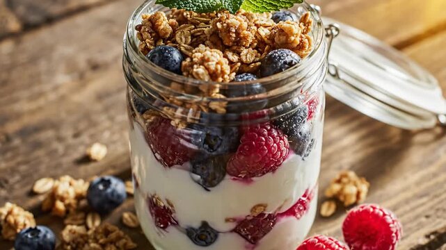 A close-up shot of a layered parfait in a glass jar, featuring berries and granola.