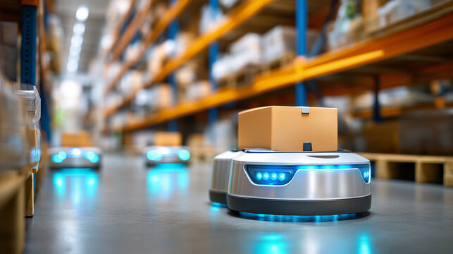 Autonomous robotic forklifts navigating, modern warehouse digital paths, efficient logistics distribution display, automated material handling, smart warehouse technology, with cop - Powered by Adobe