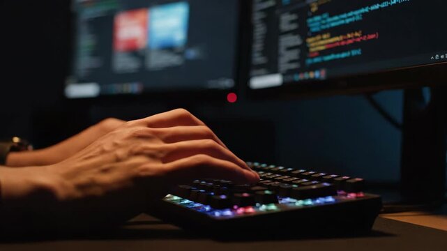 Close up of hands typing code on a backlit RGB mechanical keyboard in a dimly lit room with computer monitors.