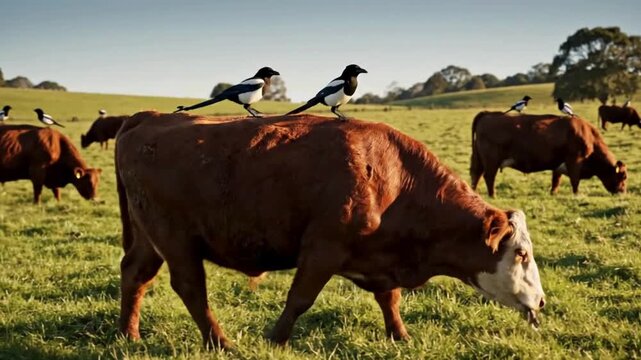 Several black and white magpies perch upon the backs of brown Hereford cows grazing peacefully within a vibrant sunny green pasture field.
