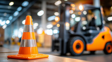 Safety training workplace rules, concept warehouse scene forklift, safety cone focus display, logistics awareness moment, industrial protection priority, with copy space