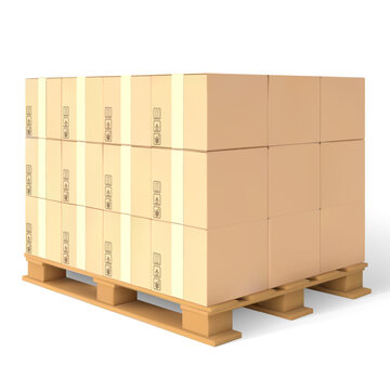Pallet with cargo, vector 3D realistic brown carton parcel closed with duct tape and transportation symbols, delivery