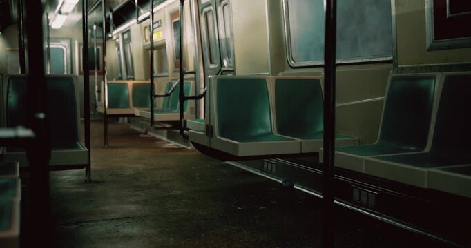 An empty subway train features rows of vacant seats illuminated by gentle lighting. The atmosphere conveys a sense of solitude and calmness during the late hours.