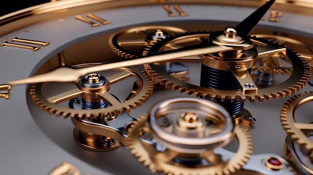 Macro view of intricate golden clockwork mechanism with rotating gears and hands in a cinematic 3D animation, illustrating precision time and luxury engineering.