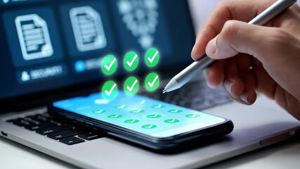 Hand holding stylus interacting with smartphone app icons and digital data on laptop screen. - Powered by Adobe