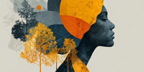 Woman's profile merging with autumn nature elements