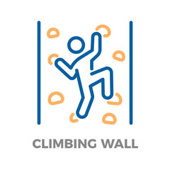 Person icon engaged in indoor climbing, using a climbing wall with holds for fitness and bouldering exercise. Vector thin line icon illustration with editable stroke © Pedro