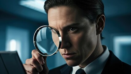 Dedicated detective intently examines evidence with a magnifying glass, performing meticulous scrutiny for a criminal case, seeking solutions to a serious mystery.