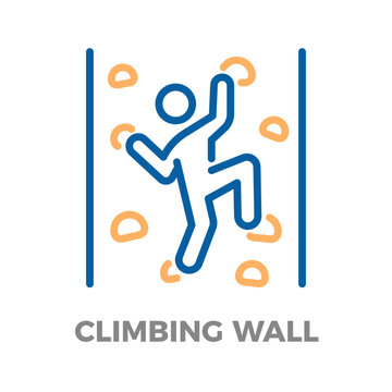 Person icon engaged in indoor climbing, using a climbing wall with holds for fitness and bouldering exercise. Vector thin line icon illustration with editable stroke