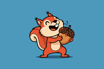 Cute cartoon squirrel holding an acorn with joy.