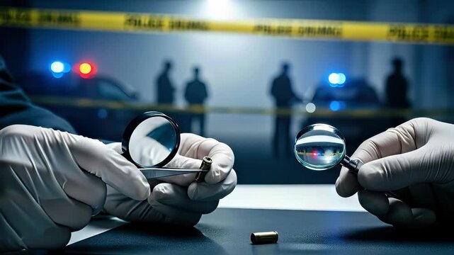Gloved investigators meticulously scrutinize ballistic casings with twin magnifiers at a dark police crime scene site, taped off under flashing vehicle beacons.