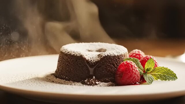 Chocolate lava cake with powdered sugar and raspberries on a plate