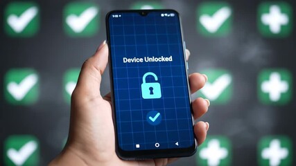 Smartphone screen shows device unlocked with a lock icon and checkmark.