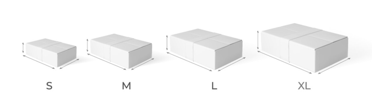 3D cardboard box with height, length, width vector mockup, realistic white carton parcel, delivery cargo S,M, l, XL size