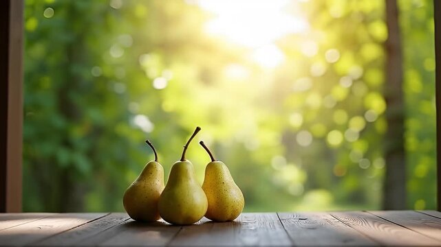 Three ripe pears arranged on wooden table with blurred green background  