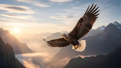 Eagle in flight over a mountain range at sunrise with clouds and sun