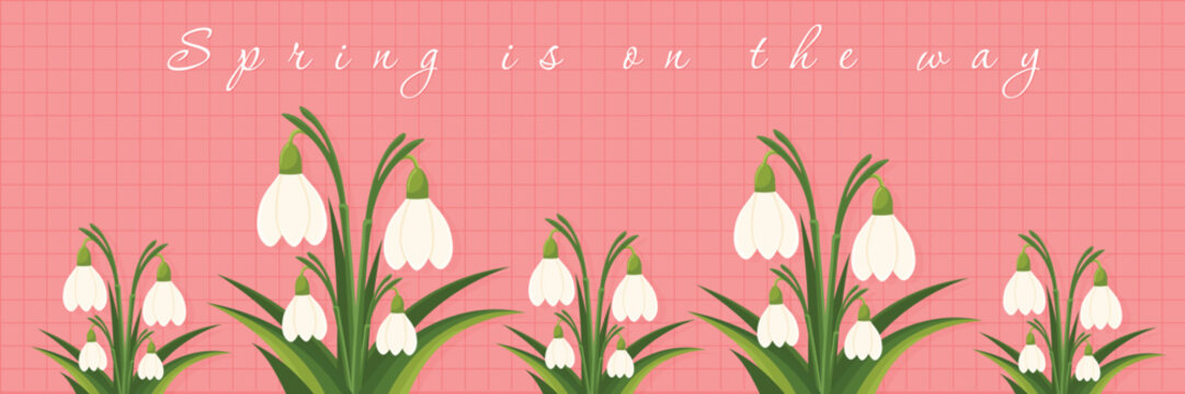 Early spring greeting card with wild snowdrop flowers and lettering.