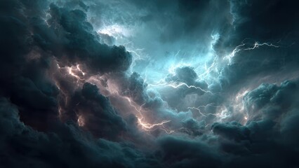 Dramatic Power of Nature: Intense Electrical Storm with Lightning Bolts Ripping Through Dark, Turbulent Teal and Gray Thunderclouds