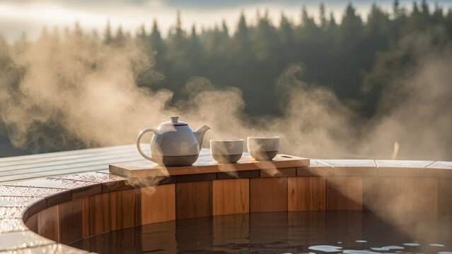 Steaming tea set on the edge of a wooden hot tub in nature. Spa relaxation and wellness retreat with a forest view at sunrise - Powered by Adobe