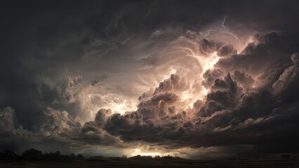 Dramatic lightning bolts illuminate a gigantic supercell thunderstorm cloud structure during a fierce, powerful storm