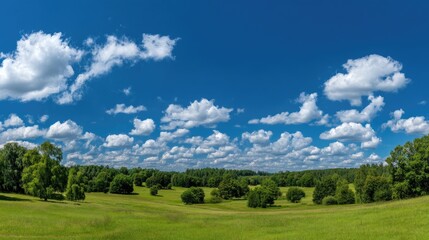 Obraz premium Vast Green Field Under Clear Blue Sky with Fluffy White Clouds in a Scenic Landscape Perfect for Nature or Outdoor Themes