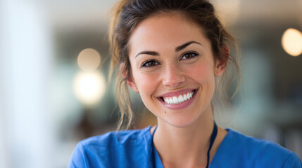 Fototapeta premium Smiling woman in blue shirt with blurred background