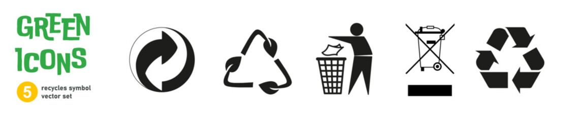 Green recycling icons set, waste management symbols, WEEE, green dot, tidyman, compostable and biodegradable vector signs