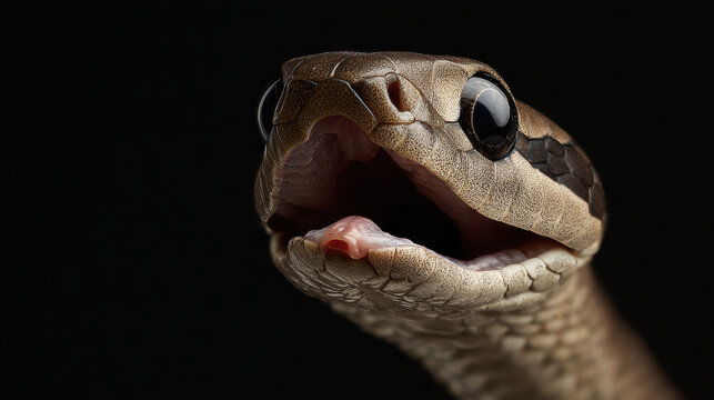 Close-up of a snake with open mouth on dark background