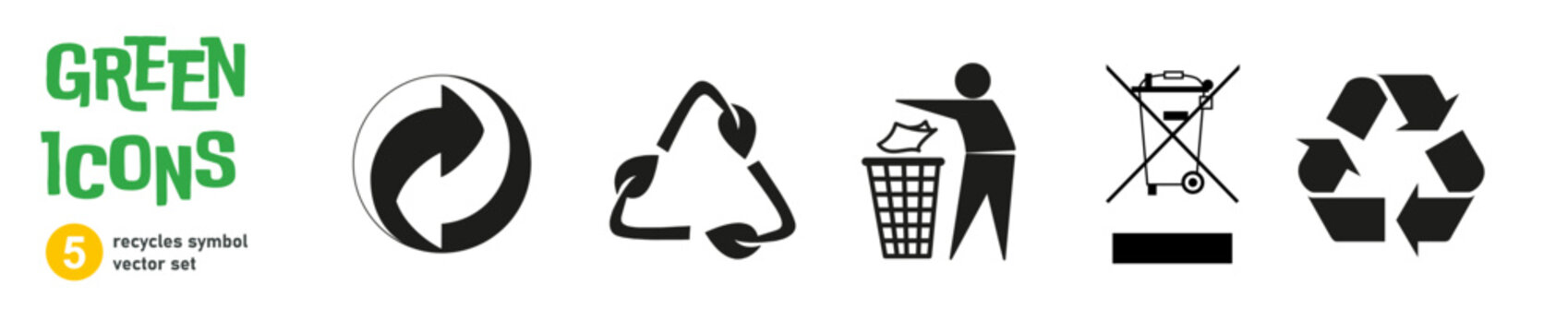 Green recycling icons set, waste management symbols, WEEE, green dot, tidyman, compostable and biodegradable vector signs
