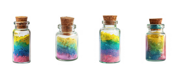 four glass bottles with colorful sand on transparent background high quality professional detailed modern elegant stylish