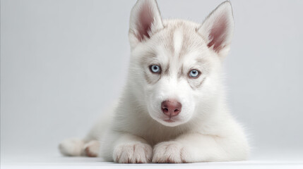 White Puppy with Blue Eyes Lying on Surface