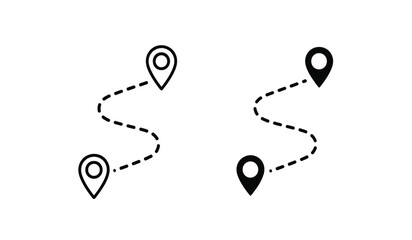 Black and white illustration of map markers and dotted lines