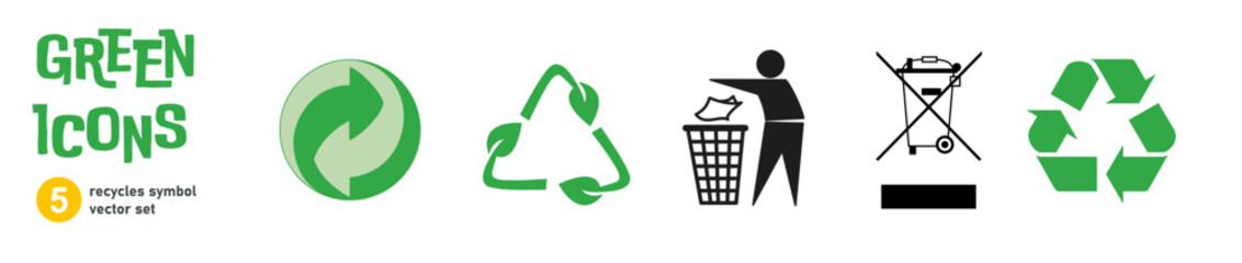 Green recycling icons set, waste management symbols, WEEE, green dot, tidyman, compostable and biodegradable vector signs